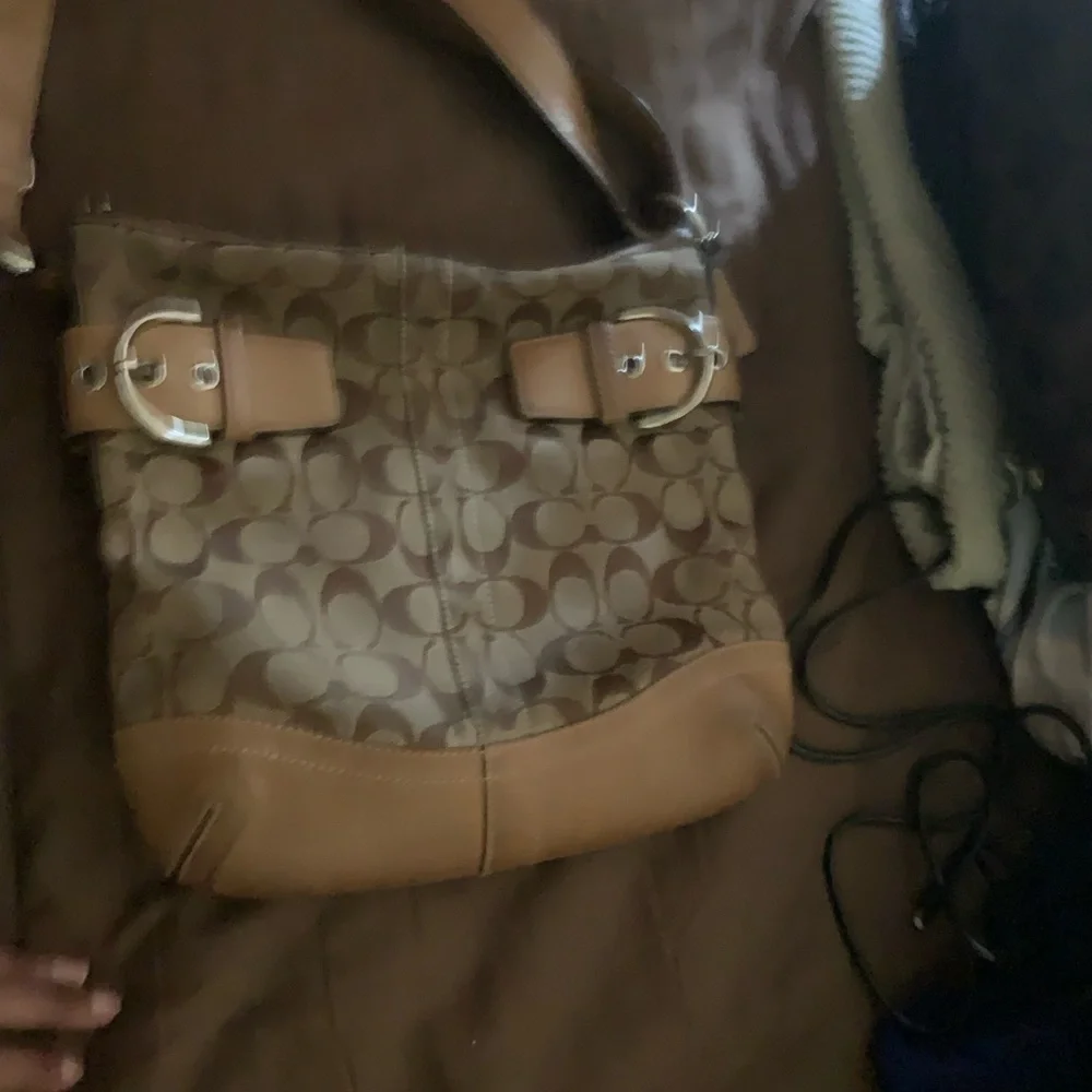 Used medium-sized tan/brown vintage leather and cloth Coach crossbody. - Picture 2 of 3